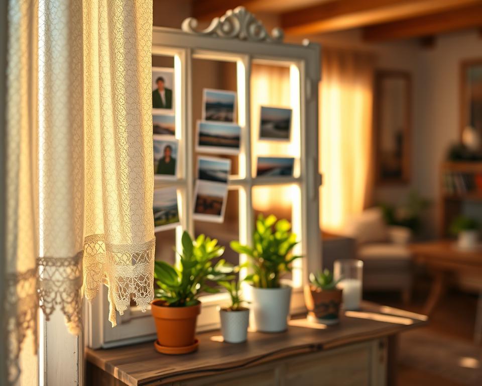 A beautifully aged vintage window frame stands as the centerpiece, adorned with a collection of personal photos of varying sizes, featuring soft focus portraits and scenic landscapes. In the foreground, a delicate lace curtain gently billows, allowing warm, golden sunlight to filter through, creating a cozy atmosphere. The middle ground showcases the ornate frame, painted in distressed white with intricate carvings, while vibrant potted plants sit on a rustic wooden sill, adding life and color. In the background, a softly blurred interior hints at a warmly decorated room with earth tones and minimalistic decor. The mood is nostalgic and inviting, evoking a sense of cherished memories and personal touches. The image is shot from a slight angle to capture depth, with a soft bokeh effect enhancing the warmth and intimacy of the scene.