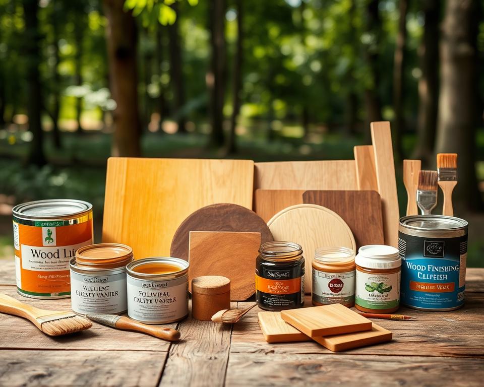A beautifully arranged display of various wood finishing products, including varnishes and waxes, set atop a rustic wooden table. In the foreground, there are open cans of glossy and matte varnish, paintbrushes, and jars of natural wax, with some of the varnish catching the light. The middle ground features wooden sample boards displaying different finishes, highlighting their texture and sheen. In the background, a soft-focus forest scene is visible, symbolizing the environmental impact of these products, with dappled sunlight filtering through the trees. The lighting is warm and natural, creating an inviting atmosphere that emphasizes sustainability and craftsmanship. The composition should evoke a sense of professionalism and care, suitable for an informative article section.