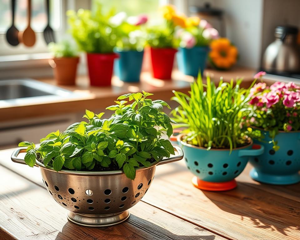 A beautifully arranged kitchen scene featuring vibrant colander planters filled with a mix of lush green herbs like basil, mint, and chives. In the foreground, a metallic colander sits on a rustic wooden table, with its holes showcasing the rich soil inside. Sunlight streams through a nearby window, casting soft shadows and illuminating the verdant plants. In the middle ground, additional colanders in various colors—red, blue, and a classic stainless steel—display an assortment of colorful flowers, adding a cheerful touch. The background features a cozy kitchen ambiance with herb pots and cooking utensils subtly blurred to enhance focus on the planters. The overall mood is fresh, inviting, and inspiring, perfect for promoting the creative repurposing of kitchen items.