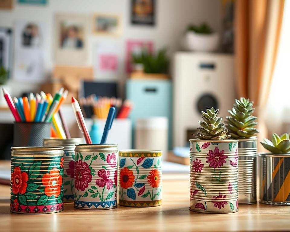 A beautifully arranged scene featuring various decorative tin cans transformed into stylish desk accessories. In the foreground, focus on an assortment of cans adorned with vibrant floral patterns, washi tape, and hand-painted designs, showcasing artistic creativity. The middle ground includes a well-lit desk with a colorful stationery set, with some cans used as pen holders, while others serve as small planters with succulents sprouting from the tops. In the background, a softly blurred workspace filled with natural light streams through a nearby window, giving a warm and inviting atmosphere. The overall mood is playful yet organized, emphasizing the fusion of functionality and aesthetics. Capture this scene using soft, diffused lighting to highlight the textures and colors of the decorative techniques. The image should be shot from a slight angle above, allowing a clear view of the details.