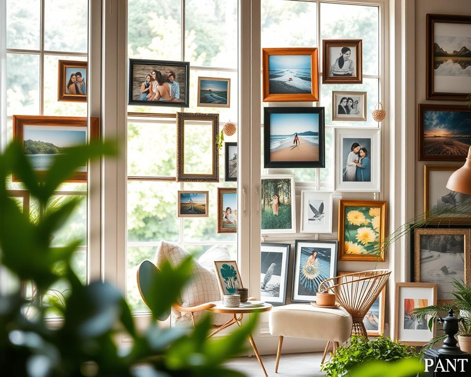 A beautifully arranged window frame photo display, showcasing an eclectic mix of framed images, artwork, and decorative elements. In the foreground, soft natural light filters through the window, illuminating the frames with a warm glow. The arrangement includes a variety of frame styles—rustic wood, sleek metal, and colorful painted finishes—displaying family photos, scenic landscapes, and abstract art. In the middle ground, a cozy nook with a stylish, comfortable chair and a small table filled with art supplies adds depth. The background features a softly blurred garden view, providing a serene and inviting atmosphere. Capture this scene with a shallow depth of field to focus on the photo display while gently hinting at the lush greenery outside. The overall mood should be creative, inspiring, and welcoming.