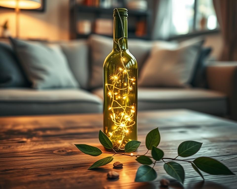 A beautifully arranged wine bottle lamp stands on a rustic wooden table, illuminated with warm, inviting light. The bottle, adorned with twinkling fairy lights, has an elegant, minimalist design, showcasing its smooth glass surface. In the foreground, fresh green leaves and a few small decorative pebbles are strategically placed to enhance the natural vibe. In the middle, the glowing lamp draws attention, casting gentle shadows and creating a cozy atmosphere. The background features softly blurred domestic elements like a comfortable couch and a bookshelf, suggesting a peaceful living space. The lighting is soft and warm, captured at a 45-degree angle to highlight the bottle's shine and the delicate glow of the lights, evoking a serene and inviting mood perfect for home decor enthusiasts.