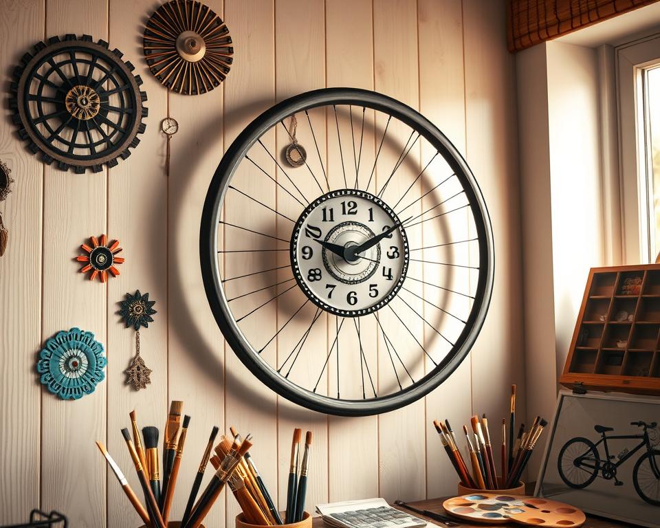 A beautifully crafted bicycle wheel wall clock as the central focus, featuring a striking combination of vintage and modern elements. The clock's face is a unique, artistic design nestled in the center of the wheel, displaying intricate gears and a rustic finish. Surrounding the clock, personalized touches like colorful decorative patterns and bicycle-themed charms add character. The foreground showcases the clock on a light wooden wall, while the middle ground blends in an array of art supplies like paint brushes and a palette. In the background, soft, warm natural lighting filters in through a nearby window, creating a cozy, inviting atmosphere. The camera angle captures the clock at eye level, emphasizing its design and craftsmanship, while ensuring a clean, clutter-free composition.