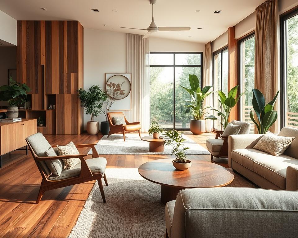 A beautifully designed interior scene showcasing sustainable materials used in Mid-Century Modern restoration. In the foreground, elegant furniture made from reclaimed wood and eco-friendly textiles, like a vintage chair and a sleek coffee table with rounded edges. The middle features a stylish, well-lit living space with large windows allowing natural light to flood in, accentuating earth-toned colors and indoor plants for a touch of nature. The background reveals a subtle hint of a restored architecture, showcasing clean lines and organic shapes typical of the Mid-Century Modern aesthetic. The atmosphere is warm and inviting, with soft lighting creating a harmonious and sustainable living environment.
