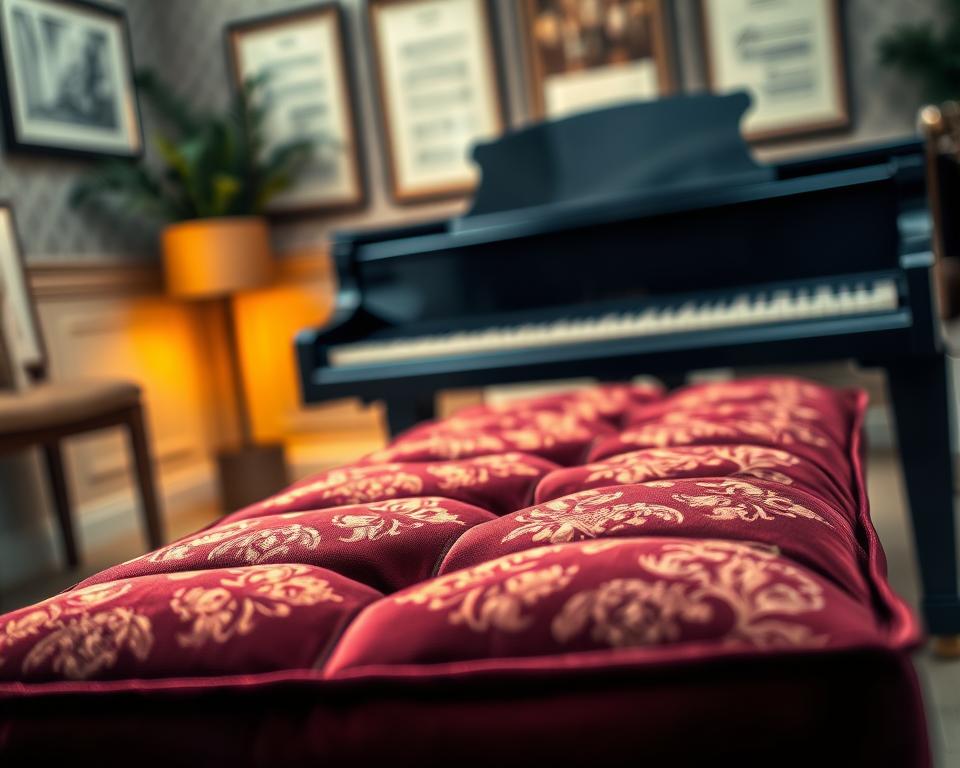 A beautifully designed piano bench cushion, richly upholstered in a deep burgundy fabric with intricate gold embroidery, positioned at the center of a softly lit, elegant room. In the foreground, focus on the cushion itself, featuring plush cushioning and subtle textures, inviting the viewer to imagine comfort. In the middle ground, a sleek black piano is visible, its polished surface reflecting the ambient light. The background is softly blurred, showcasing a tasteful decor of framed sheet music and muted wallpaper, creating a warm, welcoming atmosphere. The lighting is warm and inviting, adding a sense of tranquility, while the angle captures the essence of luxury and comfort associated with piano playing and music enjoyment.