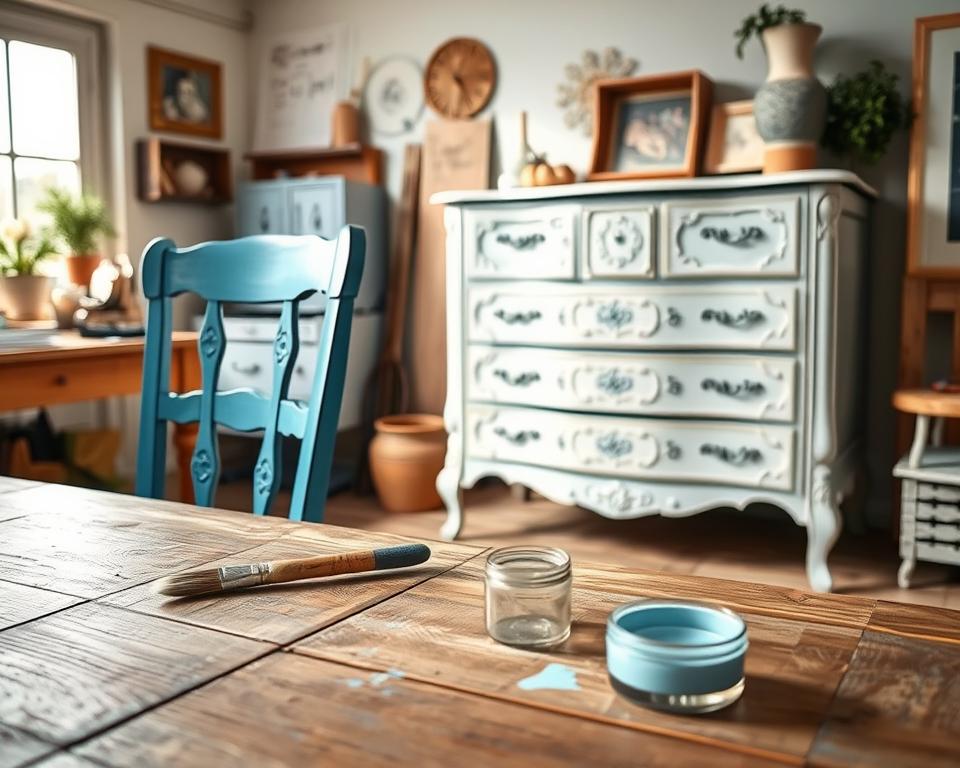 A beautifully styled scene showcasing various upcycled furniture pieces using chalk paint techniques. In the foreground, there's a rustic wooden table with a vibrant blue chalk-painted chair, where a paintbrush rests and a small open jar of chalk paint sits next to it. The middle ground features a stunningly revamped dresser, elegantly painted in soft pastels, displaying artsy stencils and distressed finishes. In the background, a warm, sunlit studio with soft natural lighting highlights the textures of the furniture and reflects an inviting, creative atmosphere. Use a slightly elevated angle to capture the details of the furniture and the workspace, evoking an inspiring and productive DIY environment.