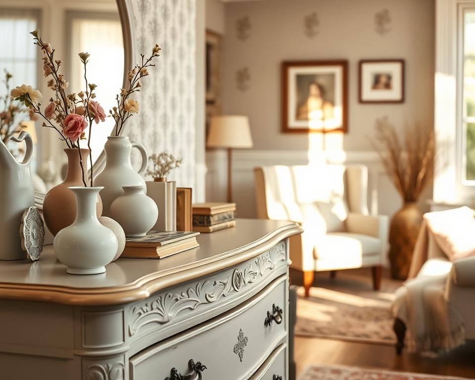 A beautifully styled vintage dresser adorned with freshly painted soft pastel colors, showcasing a chic makeover. In the foreground, the dresser's intricate carvings are highlighted, featuring a collection of delicate ceramic vases with fresh flowers and elegantly arranged vintage books. In the middle ground, an inviting living space is visible, complemented by a plush armchair and a cozy throw blanket; the walls are decorated with muted wallpaper and simple artwork. In the background, warm sunlight filters through a window, casting soft shadows that enhance the calming atmosphere. The scene evokes a sense of nostalgia and tranquility, captured from a slightly angled perspective to emphasize the dresser's details. The overall mood is serene and inspiring, perfect for a stylish yet functional decor concept.