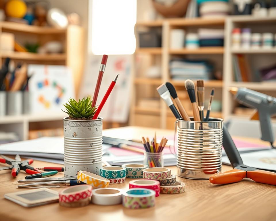 A bright, cozy crafting workspace featuring a variety of tin can desk accessories in the foreground, such as a pen holder made from a decorated tin can, a small plant in another can, and colorful washi tape rolls scattered around. In the middle, showcase tools commonly used for troubleshooting tin can crafts, like a pair of scissors, pliers, and a hot glue gun, alongside crafting materials like paint, brushes, and sheets of decorative paper. The background should depict a warm, sunlit room with shelves filled with art supplies. Soft, natural lighting enhances the inviting atmosphere. A shallow depth of field focuses on the crafting area while subtly blurring the background, invoking a sense of creativity and problem-solving in the home workshop.