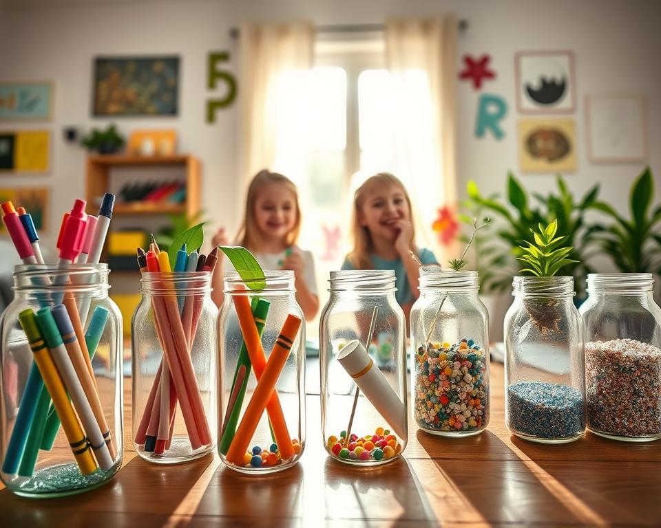 A bright, inviting scene showcasing kids’ crafts with repurposed glass jars. In the foreground, several colorful glass jars, filled with vibrant art supplies like markers, crayons, and beads, are arranged on a wooden table. A pair of children, dressed in casual, comfortable attire, are happily engaged in crafting activities, such as painting and creating decorations from the jars. In the middle ground, a sunny window lets in warm, soft light, creating a cheerful atmosphere. Various completed crafts are displayed around the jars, including a jar turned into a plant holder and one decorated with glitter. The background consists of a cozy, well-lit room with cheerful wall art and plants, emphasizing creativity and sustainability. The focal point captures a sense of joy and imagination in a fun, eco-friendly crafting space.