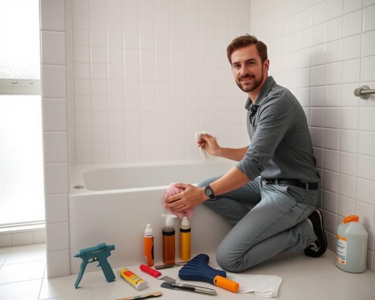 A bright, well-lit bathroom scene showcasing a DIY bathtub re-caulking cleanup. In the foreground, a professional-looking individual wearing modest casual clothing is kneeling beside a freshly caulked bathtub, carefully wiping down the surrounding area with a damp cloth. The middle ground features an assortment of DIY tools neatly arranged, including a caulking gun, putty knife, and cleaning supplies. In the background, light streams through a frosted window, illuminating the white tiles and adding a clean, fresh atmosphere. The angle is slightly elevated, capturing the meticulous nature of the cleanup, with soft shadows enhancing the cleanliness of the scene. Overall, the mood is focused and organized, emphasizing the satisfaction of completing a home improvement task.