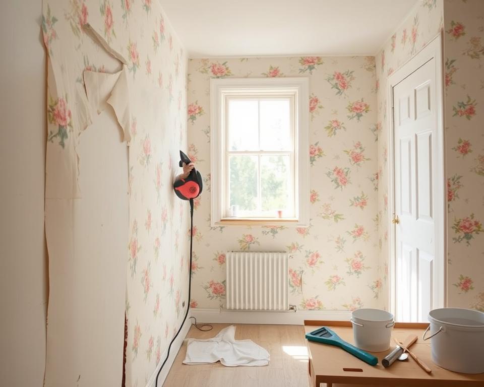 A bright, well-lit room is filled with the action of DIY wallpaper removal. In the foreground, a person in modest casual clothing is using a handheld steamer to lift wallpaper from a wall, steam visible in wisps around them. They hold the steamer with one hand while peeling back a section of colorful floral wallpaper with the other. The middle ground shows a partially stripped wall with remnants of wallpaper and a small drop cloth on the floor. In the background, tools such as a paint scraper and a bucket sit neatly organized on a work table. Soft, natural light streams in through a window, creating a warm and inviting atmosphere, evoking a sense of accomplishment and home improvement.