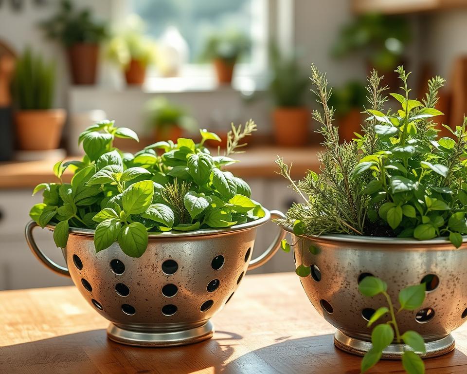 A charming colander herb garden set against a soft, sunlit kitchen background. In the foreground, vibrant green herbs such as basil, rosemary, and thyme thrive in rustic metal colanders, showcasing their lush textures and rich colors. Each colander is artistically arranged on a wooden kitchen countertop, with drops of water glistening on the leaves, suggesting freshness. In the middle ground, soft light filters through a nearby window, casting gentle shadows and highlighting the colanders' holes filled with rich soil. The background features cozy, inviting kitchen elements such as potted plants and herbs, enhancing the domestic atmosphere. The overall mood is serene and uplifting, capturing the joy of repurposing kitchen items into stylish planters.