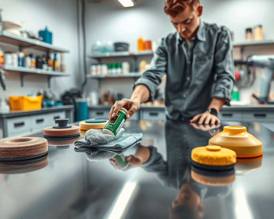 A clean and professional workshop setting showcasing stainless steel scratch removal techniques. In the foreground, an expert in modest casual clothing is demonstrating the use of a non-abrasive scratch removal gel on a polished stainless steel surface with a microfiber cloth. In the middle ground, various tools for scratch removal, such as polishing pads, application sponges, and buffing machines, are neatly arranged on a workbench. The background reveals softly lit workshop shelves stocked with cleaning supplies and accessories, all shaded in neutral tones to enhance focus on the subject. The lighting is bright and evenly distributed, creating a clean, crisp atmosphere that conveys professionalism and efficiency, ideal for depicting effective maintenance and prevention of scratches on stainless steel surfaces.