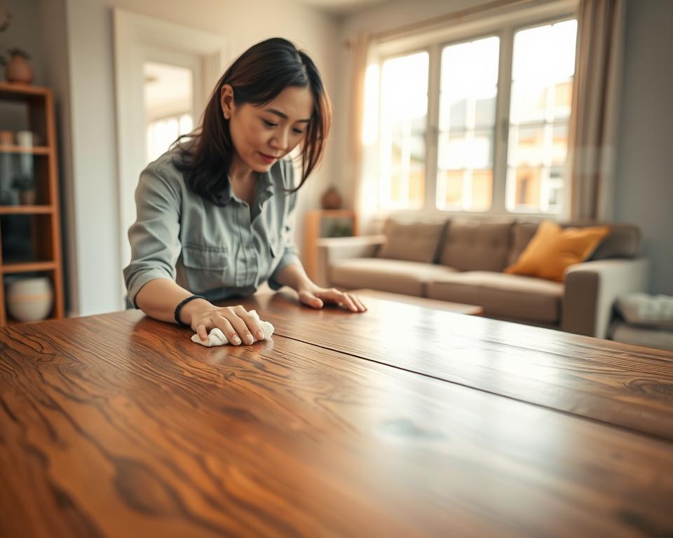 A clean and well-lit image showcasing a professional in modest casual clothing carefully inspecting a wooden table with visible water rings. The foreground features the professional, a middle-aged Asian woman, holding a soft cloth in one hand and examining the surface with a look of concentration. In the middle ground, the water rings are clearly visible on a polished oak table, emphasizing their damage. The background is softly blurred, featuring a cozy and inviting living room with warm, natural lighting coming through a large window, creating a calm atmosphere. The focus is on the details of the table's surface and the woman's attentive approach, conveying a sense of professionalism and careful restoration efforts.