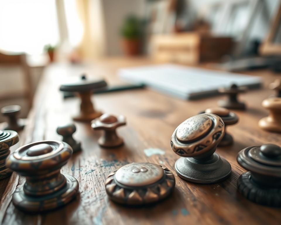 A close-up image of beautifully upcycled dresser hardware, featuring an eclectic mix of antique knobs and handles made from repurposed materials like wood, ceramic, and metal. The foreground showcases intricate detailing on the hardware, highlighting unique textures and colors, with a vintage patina. In the middle, a softly blurred wooden dresser surface acts as a backdrop, adorned with hints of paint splatter, resembling a creatively revamped workspace. The background subtly hints at a well-lit, cozy room atmosphere with soft, warm lighting that enhances the richness of the hardware. Capture the essence of sustainability and artistry, evoking a sense of charm and creativity in home decor. Use a macro lens to focus on the details, creating an engaging and inviting mood.