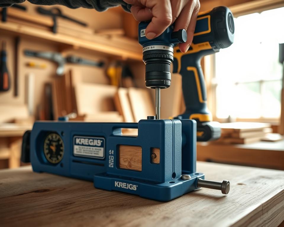A close-up of a Kreg Jig set up on a wooden workbench, focused on the precision drilling of pocket holes in a solid wooden board. The Kreg Jig features its signature blue color and adjustable settings, with a cordless drill poised for action. In the background, a well-organized workshop filled with tools and wood materials creates a quaint, industrious atmosphere. Soft, diffused natural light streams in from a nearby window, casting gentle shadows and highlighting the texture of the wood grain. The angle captures a sense of engagement and craftsmanship, embodying the mastery of the pocket hole technique. The overall mood is one of focus, skill, and hands-on creation, portraying a dedicated woodworker in modest casual clothing.