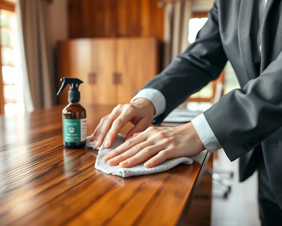 A close-up of a person in professional business attire gently cleaning a polished wooden surface with a microfiber cloth, showcasing the rich grain and natural sheen of the wood. In the foreground, the focus is on the person’s hands expertly working on the surface, demonstrating a seamless cleaning motion. In the middle ground, a small bottle of eco-friendly wood cleaner is visible nearby, along with a clean, folded cloth. The background features a softly lit room with warm, natural light filtering through a window, highlighting the beautiful wooden furniture. The overall mood is calm and focused, evoking a sense of care and attention to detail in maintaining the wood's beauty. The angle is slightly elevated, capturing both the cleaning action and the elegant texture of the wood.