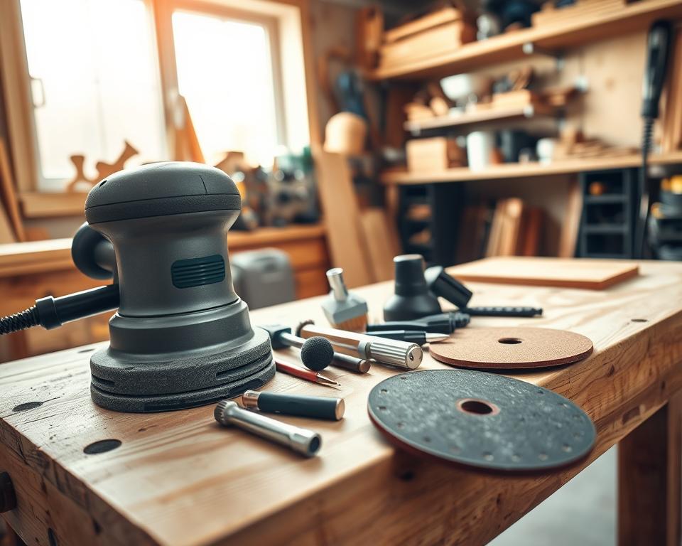 A close-up of a power sander on a wooden workbench, surrounded by maintenance tools. The foreground features a detailed view of the power sander, highlighting its components like the sanding pad and dust collection port. In the middle, a set of tools such as screwdrivers, brushes, and replacement sanding discs are neatly arranged. The background shows a well-lit workshop setting with shelves filled with various woodworking supplies and a soft-focus window allowing natural light to flood the scene. The atmosphere is organized and professional, emphasizing the importance of maintenance in woodworking. The lighting is warm and inviting, creating a sense of productivity and craftsmanship. No people are present in the image. A close-up of a power sander on a wooden workbench, surrounded by maintenance tools. The foreground features a detailed view of the power sander, highlighting its components like the sanding pad and dust collection port. In the middle, a set of tools such as screwdrivers, brushes, and replacement sanding discs are neatly arranged. The background shows a well-lit workshop setting with shelves filled with various woodworking supplies and a soft-focus window allowing natural light to flood the scene. The atmosphere is organized and professional, emphasizing the importance of maintenance in woodworking. The lighting is warm and inviting, creating a sense of productivity and craftsmanship. No people are present in the image.