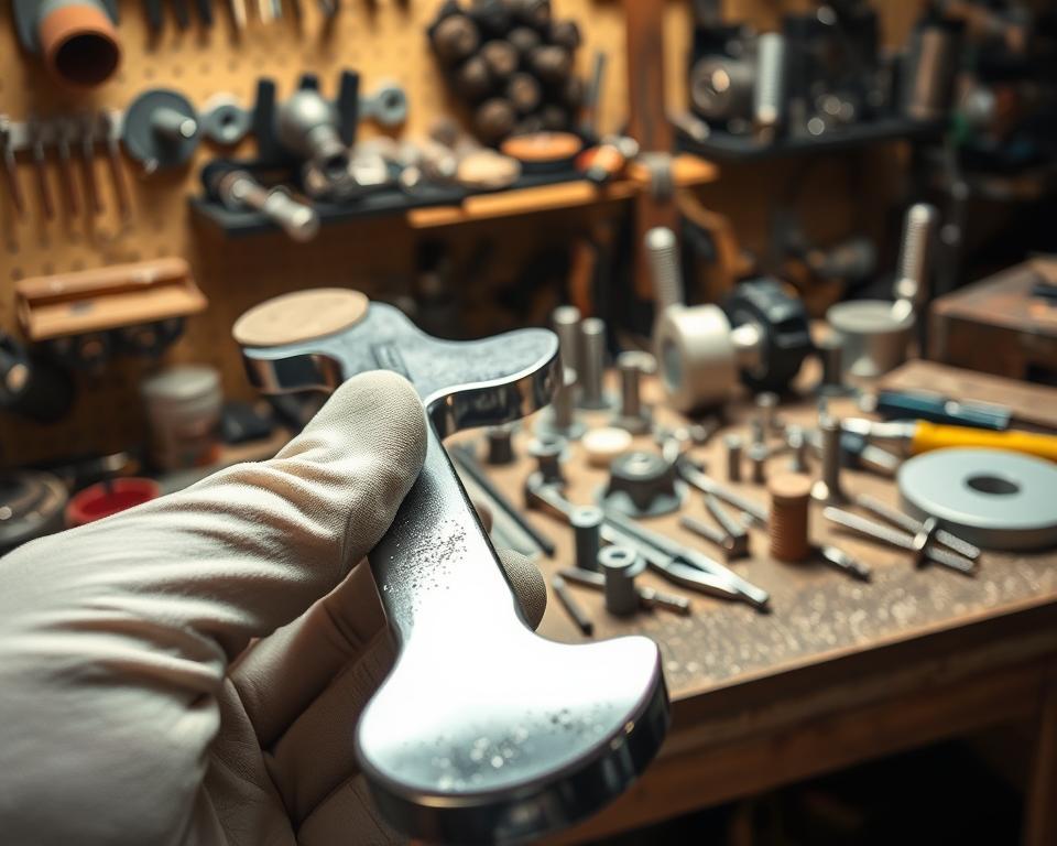 A close-up scene illustrating the art of polishing metal hardware. In the foreground, a gloved hand gently holds a polished wrench, glistening under soft, diffused lighting that enhances its reflective surface. Fine particles of polishing compound are visible on the surface, adding texture. The middle layer features an assortment of various metal tools and hardware, including screws, bolts, and a buffing wheel, situated on a workbench that hints at a workshop environment. The background is softly blurred, depicting shelves lined with tools and materials, creating a warm, inviting atmosphere. The focus is sharp, emphasizing the details of the metal, while the lighting casts gentle highlights and shadows, evoking a sense of craftsmanship and dedication to restoration.