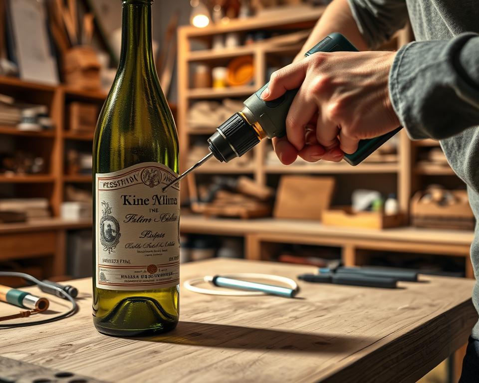 A close-up scene of a person carefully drilling a precise hole in the side of an elegant wine bottle, intended for lamp wiring. The foreground features the wine bottle, with intricate labels and a soft green hue, positioned on a wooden workbench adorned with a few tools. In the middle, a power drill with a metal bit is firmly held by the individual, who is dressed in modest casual clothing, demonstrating focused concentration. The background subtly showcases a well-organized workshop filled with shelves of craft materials and warm, ambient lighting, creating a cozy atmosphere. Soft shadows play across the scene, emphasizing the meticulousness of the task. The overall mood is inviting and creative, capturing the spirit of DIY craftsmanship.