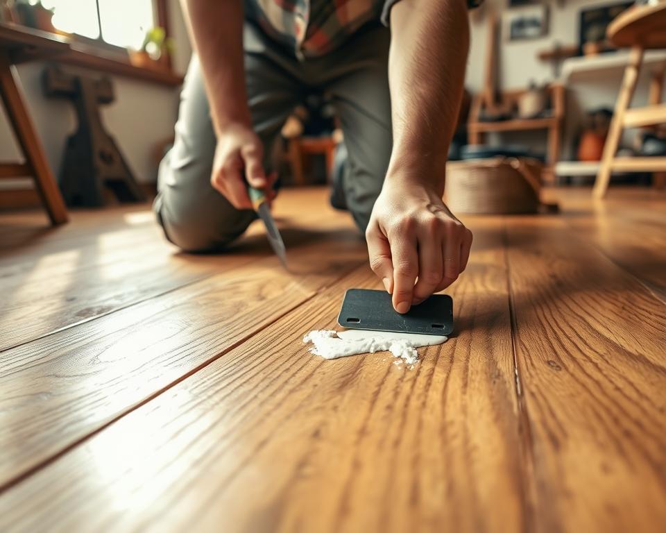 A close-up scene of a person in modest casual clothing kneeling on a wooden floor, carefully applying wood filler to a squeaky floorboard. The foreground features the hand holding a putty knife, spreading the filler with precision. In the middle, a slightly worn, intricately grained wooden floor reveals a few boards with visible squeaks, highlighted by soft sunlight streaming through a window. The background shows a cozy room with warm tones, including rustic decor and shelves filled with tools, creating a homey atmosphere. The lighting is bright, yet warm, capturing the essence of home repair work, evoking a sense of helpfulness and practicality. The angle is slightly above eye level, focusing on the interaction between the person and the floor. A close-up scene of a person in modest casual clothing kneeling on a wooden floor, carefully applying wood filler to a squeaky floorboard. The foreground features the hand holding a putty knife, spreading the filler with precision. In the middle, a slightly worn, intricately grained wooden floor reveals a few boards with visible squeaks, highlighted by soft sunlight streaming through a window. The background shows a cozy room with warm tones, including rustic decor and shelves filled with tools, creating a homey atmosphere. The lighting is bright, yet warm, capturing the essence of home repair work, evoking a sense of helpfulness and practicality. The angle is slightly above eye level, focusing on the interaction between the person and the floor.
