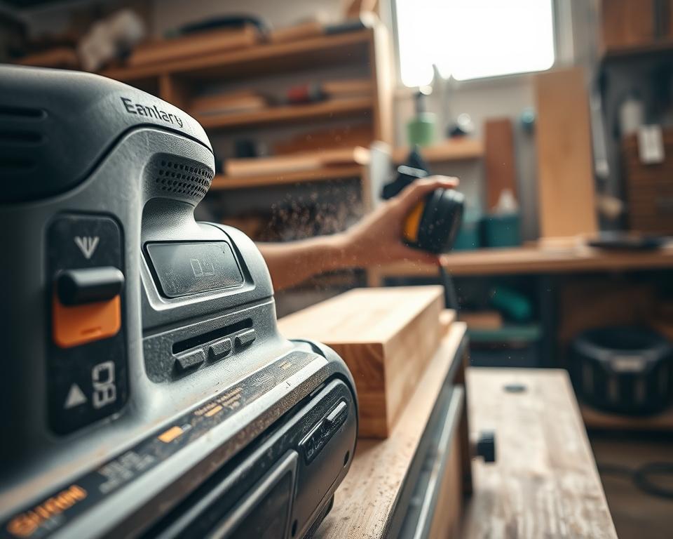 A close-up view of a modern belt sander, showcasing its sleek design and high-quality details. The foreground highlights the sander, with a focus on its belt mechanism and control buttons, capturing the textures of the rubber grip and metallic body. In the middle ground, a wooden board is being sanded, with fine dust particles floating in the air, illuminated by soft, natural light coming from a nearby window. The background features a workshop setting, complete with shelves filled with tools and materials, creating an organized yet busy atmosphere. The overall mood is industrious and focused, emphasizing practical craftsmanship and the effectiveness of both electric and battery-powered sanders in a real-world application. A close-up view of a modern belt sander, showcasing its sleek design and high-quality details. The foreground highlights the sander, with a focus on its belt mechanism and control buttons, capturing the textures of the rubber grip and metallic body. In the middle ground, a wooden board is being sanded, with fine dust particles floating in the air, illuminated by soft, natural light coming from a nearby window. The background features a workshop setting, complete with shelves filled with tools and materials, creating an organized yet busy atmosphere. The overall mood is industrious and focused, emphasizing practical craftsmanship and the effectiveness of both electric and battery-powered sanders in a real-world application.