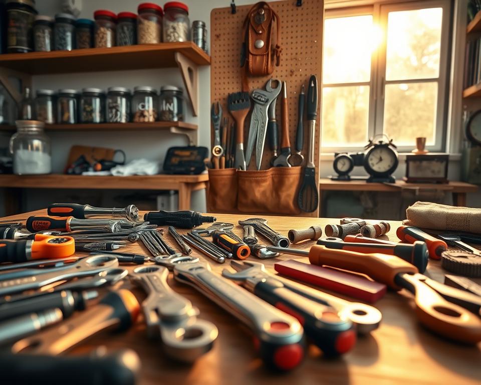 A close-up view of a neatly organized upgrading toolkit spread across a wooden workbench. In the foreground, a variety of hand tools like screwdrivers, wrenches, and pliers are artistically arranged, some with shiny, newly upgraded features. In the middle, a leather tool belt hangs from a nearby pegboard, displaying essential tools for restoration and DIY projects, showcasing wear and personal touches. The background features a softly lit workshop environment, with shelves holding jars of screws, nails, and various materials for DIY hobbies, creating an inviting atmosphere. The lighting is warm and golden, suggesting late afternoon sun filtering through a nearby window, casting gentle shadows. The overall mood conveys a sense of craftsmanship, dedication, and the joy of enhancing one's toolkit over time.
