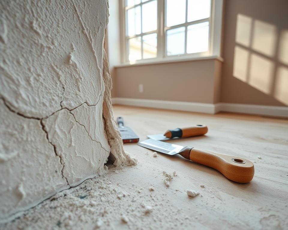 A close-up view of a partially repaired drywall, showcasing common mistakes in the repair process. The foreground features a large, uneven patch of joint compound with visible texture inconsistencies and cracks. In the middle, there are tools scattered about, including a putty knife and a sanding block, emphasizing tools of the trade in disarray. The background includes an unfinished wall section with mismatched paint and a poorly aligned seam. Natural light filters in through a nearby window, casting soft shadows that highlight the imperfections. The atmosphere is one of frustration and learning, inviting the viewer to understand the importance of proper repair techniques. The camera angle captures the scene from a slightly elevated viewpoint, giving a comprehensive look at the drywall repair errors.