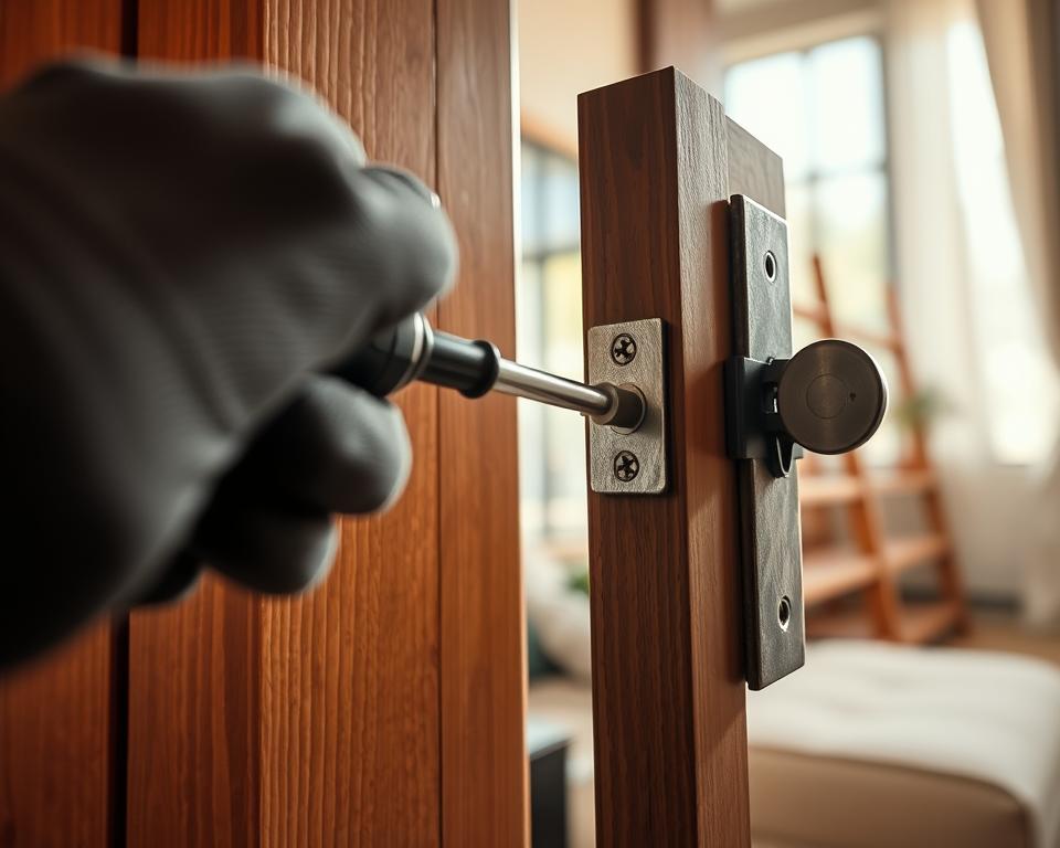 A close-up view of a person using a screwdriver to tighten a door hinge, capturing the intricate details of the hinge mechanism. The foreground showcases gloved hands holding a screwdriver with precision, while the hinge is prominently displayed, revealing its metallic textures and screws. In the middle ground, the door frame is visible, made of rich wood, with natural light filtering through a nearby window, creating a warm, inviting atmosphere. The background is softly blurred, suggesting a cozy indoor setting, enhancing focus on the action of the hinge tightening. The image should convey a sense of practical work and problem-solving, with a professional and tidy appearance.