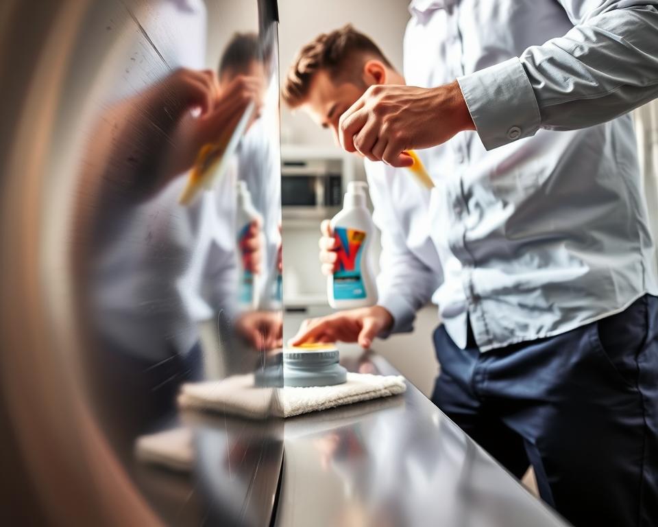 A close-up view of a professional cleaning technician examining a scratched stainless steel surface in a modern kitchen setting. The technician, wearing a clean white shirt and dark pants, is focused on a specific area with a soft cloth and cleaning solution bottle in hand. The foreground showcases the stainless steel appliance with visible scratches, reflecting the light from a nearby window. In the middle, there are cleaning tools like a microfiber cloth and polishing compound, subtly arranged to suggest a neat workspace. The background features sleek kitchen cabinetry and soft, natural lighting that enhances the clean and organized atmosphere, conveying a sense of professionalism and attention to detail.