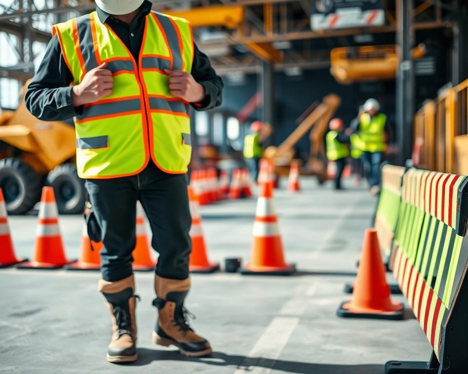 A close-up view of a professional working in a construction site, wearing high visibility clothing, including a bright yellow reflective vest, safety helmet, and sturdy work boots. The foreground features the individual adjusting their vest, showcasing its fluorescent colors and reflective strips. In the middle, various construction materials like orange cones and safety barriers are arranged to create context. The background depicts a blurred construction site with heavy machinery and workers in the distance, all in high visibility gear. Bright daylight illuminates the scene, enhancing the visibility of the clothing. The atmosphere conveys a sense of safety and professionalism, emphasizing the importance of being seen in a work environment.