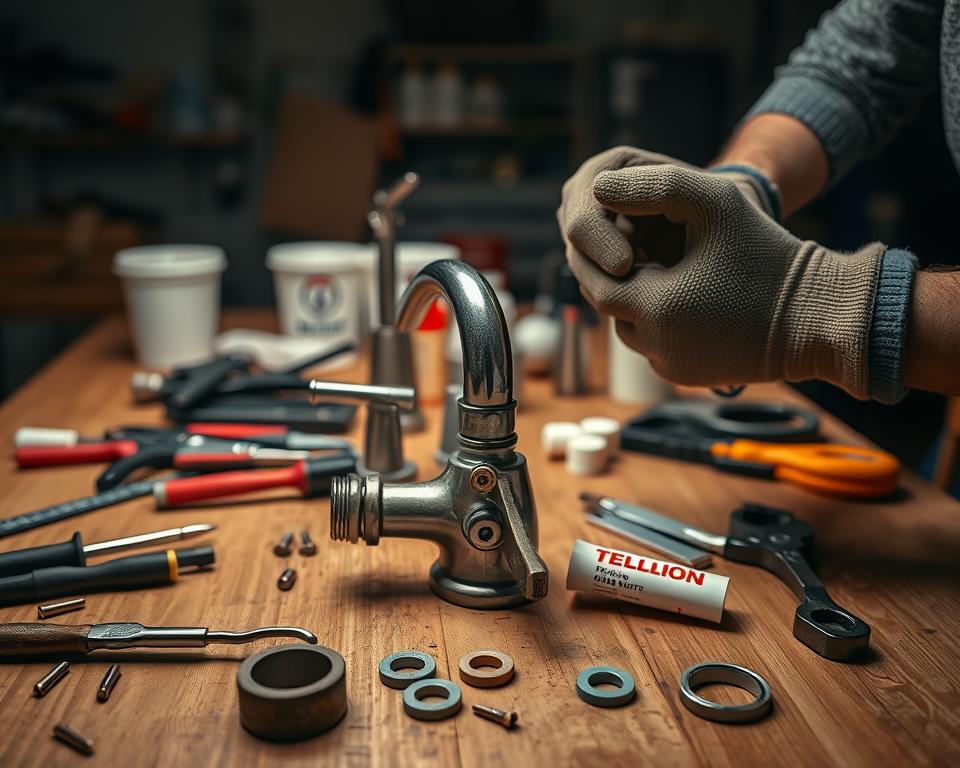 A close-up view of a well-organized workshop table where a DIY enthusiast is actively repairing a leaky faucet. The foreground features a pair of hands wearing modest gloves, skillfully tightening a faucet handle with a wrench, surrounded by scattered tools including a screwdriver, pliers, and some rubber washers. In the middle ground, a partially disassembled faucet rests on the table, showcasing its internal components, with water-resistant materials like Teflon tape and plumber's putty arranged neatly for easy access. The background reveals a dimly lit environment with warm ambient lighting, emphasizing a cozy and focused atmosphere. The lens captures the scene at a slightly elevated angle, enhancing the details while maintaining a professional, organized feel.