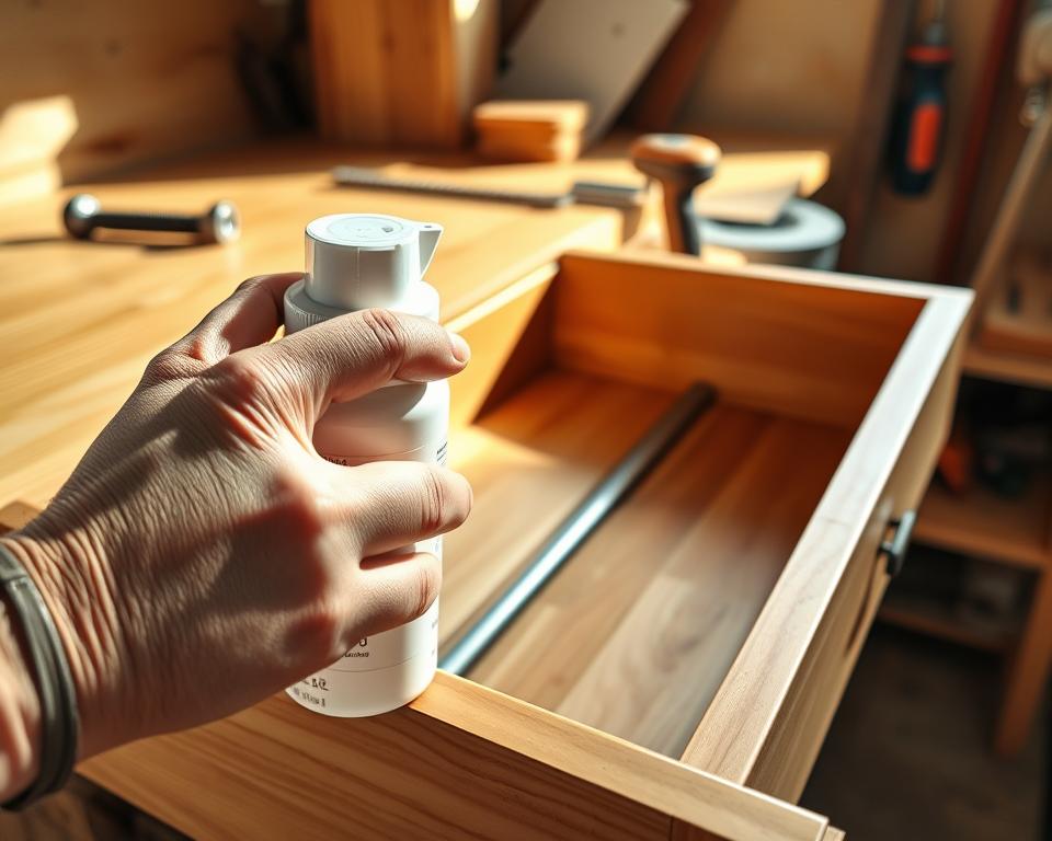 A close-up view of a wooden drawer being lubricated with a bottle of silicone spray, placed prominently in the foreground. The hand holding the spray nozzle is in focus, showcasing a gentle action of applying the lubricant along the drawer’s sliding rails. The middle layer features the drawer partially opened, revealing smooth, polished wood interior and clean metal runners. In the background, a softly blurred workshop environment shows tools like a screwdriver and sanding paper, enhancing the DIY atmosphere. The scene is warmly lit, with natural light casting soft shadows, evoking a calm and focused mood. Emphasize clarity and detail in materials and textures for an informative illustration.