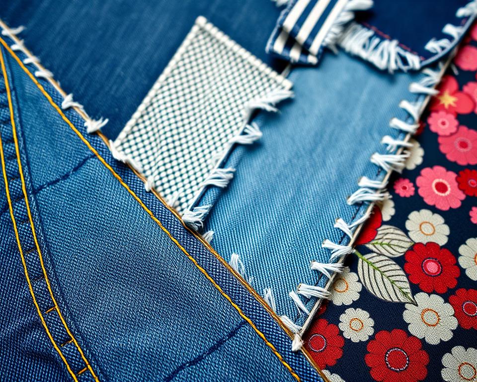 A close-up view of diverse denim fabric patchwork patterns, showcasing a variety of textures and shades of blue. The foreground features intricate stitching details and vibrant contrasting denim swatches that blend seamlessly together, creating an appealing and tactile composition. In the middle ground, arranged denim fabric pieces overlap artistically, revealing frayed edges and varied patterns like herringbone, stripes, and floral motifs. The background fades softly, emphasizing the patchwork without distractions, illuminated by natural, diffused light that enhances the richness of the denim colors. The atmosphere is creative and inviting, perfect for conveying tips for successful patchwork in denim design.