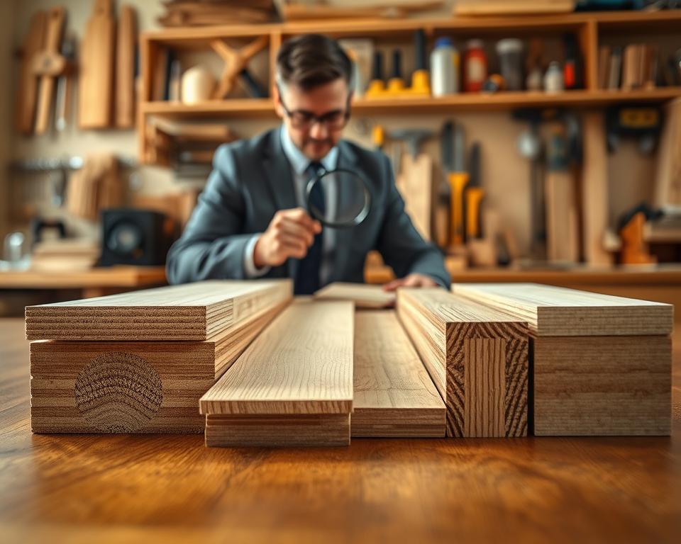 A close-up view of various engineered wood samples arranged artistically on a polished wooden surface. In the foreground, highlight distinct types of engineered woods such as plywood, MDF, and particle board, showcasing their textures and layers. The middle ground features a professional-looking individual in business attire, examining the wood samples with a magnifying glass, emphasizing an analytical approach. In the background, soft ambient lighting creates a warm home workshop atmosphere, with an assortment of woodworking tools neatly arranged on the shelves. The angle is slightly elevated, focusing on the interaction between the individual and the wood types. The mood is informative and inviting, encouraging a deeper understanding of engineered woods.