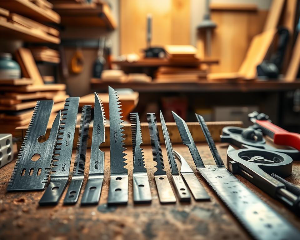 A close-up view of various jigsaw blades of different sizes arranged in an aesthetically pleasing manner on a wooden workbench. The foreground features the blades, showcasing their varying lengths and shapes, from fine to coarse teeth, with polished metal reflecting ambient light. In the middle ground, tools like a measuring tape and a set of calipers are positioned to hint at precision and craftsmanship. The background shows a softly blurred workshop setting with shelves of tools and wood materials, bathed in warm, natural light to create an inviting atmosphere. The overall mood is focused and professional, emphasizing the importance of blade selection in woodworking.