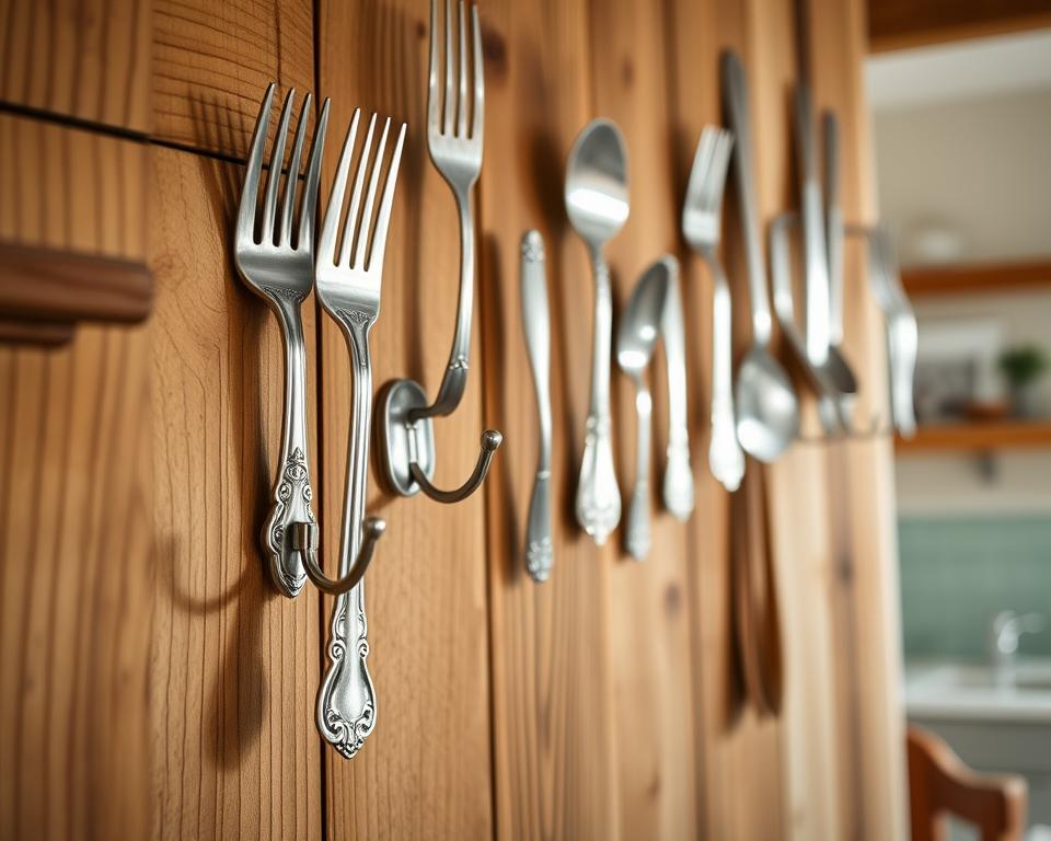 A collection of elegant silverware wall hooks displayed on a rustic wooden wall, showcasing a variety of stylish designs, including ornate forks, spoons, and knives mounted as functional art. In the foreground, focus on a close-up of a beautifully crafted silver fork hook, glimmering in soft, natural light that highlights its intricate details. The middle ground reveals a harmonious arrangement of different silverware hooks, each complementing the next, creating a cohesive and inviting visual. The background softly blurs a cozy kitchen setting with pastel-colored walls and warm wooden accents, enhancing the homely atmosphere. The overall mood is charming and creative, perfect for inspiring readers to think outside the box with their silverware wall hooks.