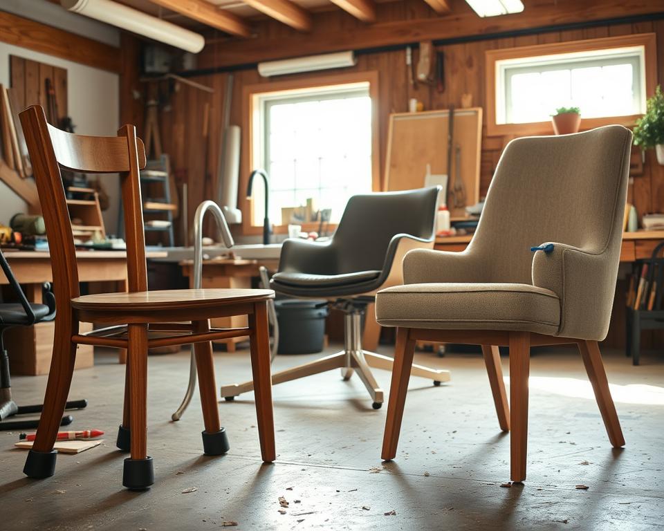 A collection of four creatively stabilized wobbly chairs in a well-lit workshop environment. In the foreground, a wooden chair with added rubber furniture tips, showcasing a practical DIY solution. To the left, a metal chair propped up with small wooden blocks, displaying an inventive approach. In the middle, a comfortable upholstered chair featuring a subtle, stylish wedge under one leg, indicating modern design. The background features natural light streaming through a window, illuminating scattered tools like screwdrivers and wood glue, along with a workbench cluttered with materials. The atmosphere is warm and inviting, reflecting a hands-on, creative space where solutions for everyday problems are crafted.
