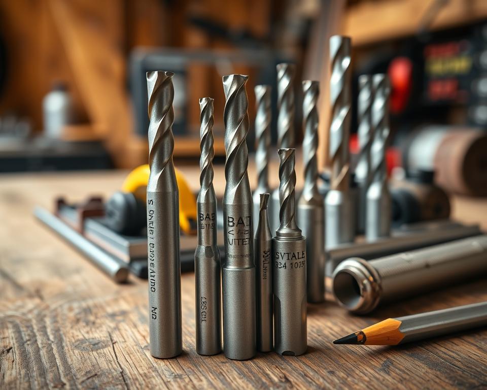 A collection of several high-quality drill bits from trusted brands arranged artfully on a rustic wooden workbench. The foreground highlights a close-up of a few drill bits, showcasing detailed engravings of brand logos and varying sizes, with a shiny metallic finish reflecting light. In the middle ground, additional drill bits are displayed in a neat layout alongside tools like a tape measure and a carpenter's pencil. The background features a softly blurred workshop setting with warm, ambient lighting, evoking a professional and inviting atmosphere. The image captures a sense of reliability and craftsmanship, emphasizing the importance of quality in tool selection for optimal performance. A collection of several high-quality drill bits from trusted brands arranged artfully on a rustic wooden workbench. The foreground highlights a close-up of a few drill bits, showcasing detailed engravings of brand logos and varying sizes, with a shiny metallic finish reflecting light. In the middle ground, additional drill bits are displayed in a neat layout alongside tools like a tape measure and a carpenter's pencil. The background features a softly blurred workshop setting with warm, ambient lighting, evoking a professional and inviting atmosphere. The image captures a sense of reliability and craftsmanship, emphasizing the importance of quality in tool selection for optimal performance.