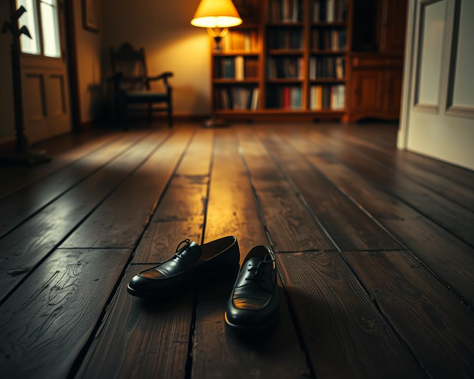 A cozy, dimly lit room with aged wooden floorboards that exhibit subtle signs of wear, capturing the essence of silence and stillness. In the foreground, a pair of polished shoes rest on the floor, hinting at the tranquility of the space. The middle ground features a soft, golden glow from a vintage lamp casting shadows on the creaky boards, emphasizing their texture and age. In the background, a softly blurred bookshelf filled with books creates a sense of warmth and comfort. The atmosphere is serene and inviting, evoking a sense of peace amidst the quiet creaks that might occur within the floor. The scene is viewed from a slightly elevated angle, allowing for a comprehensive perspective of the floor and the room's details, enhancing the mood of nostalgic tranquility. A cozy, dimly lit room with aged wooden floorboards that exhibit subtle signs of wear, capturing the essence of silence and stillness. In the foreground, a pair of polished shoes rest on the floor, hinting at the tranquility of the space. The middle ground features a soft, golden glow from a vintage lamp casting shadows on the creaky boards, emphasizing their texture and age. In the background, a softly blurred bookshelf filled with books creates a sense of warmth and comfort. The atmosphere is serene and inviting, evoking a sense of peace amidst the quiet creaks that might occur within the floor. The scene is viewed from a slightly elevated angle, allowing for a comprehensive perspective of the floor and the room's details, enhancing the mood of nostalgic tranquility.