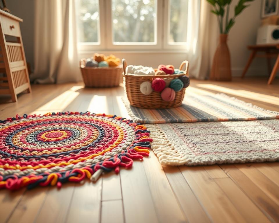 A cozy indoor scene showcasing various T-shirt yarn rug patterns sprawled across a soft, wooden floor. In the foreground, a circular rug made of vibrant, multicolored T-shirt yarn sits attractively. Beside it, a rectangular, striped pattern rug in pastel shades adds contrast. The middle of the image features an array of skeins of T-shirt yarn in a spectrum of colors, artistically arranged in a woven basket. In the background, warm sunlight streams through a large window, casting gentle shadows and creating an inviting atmosphere. The entire composition radiates a sense of creativity and warmth, perfect for DIY enthusiasts. The focus is sharp, with a slight bokeh effect around the edges, enhancing the subject's prominence.