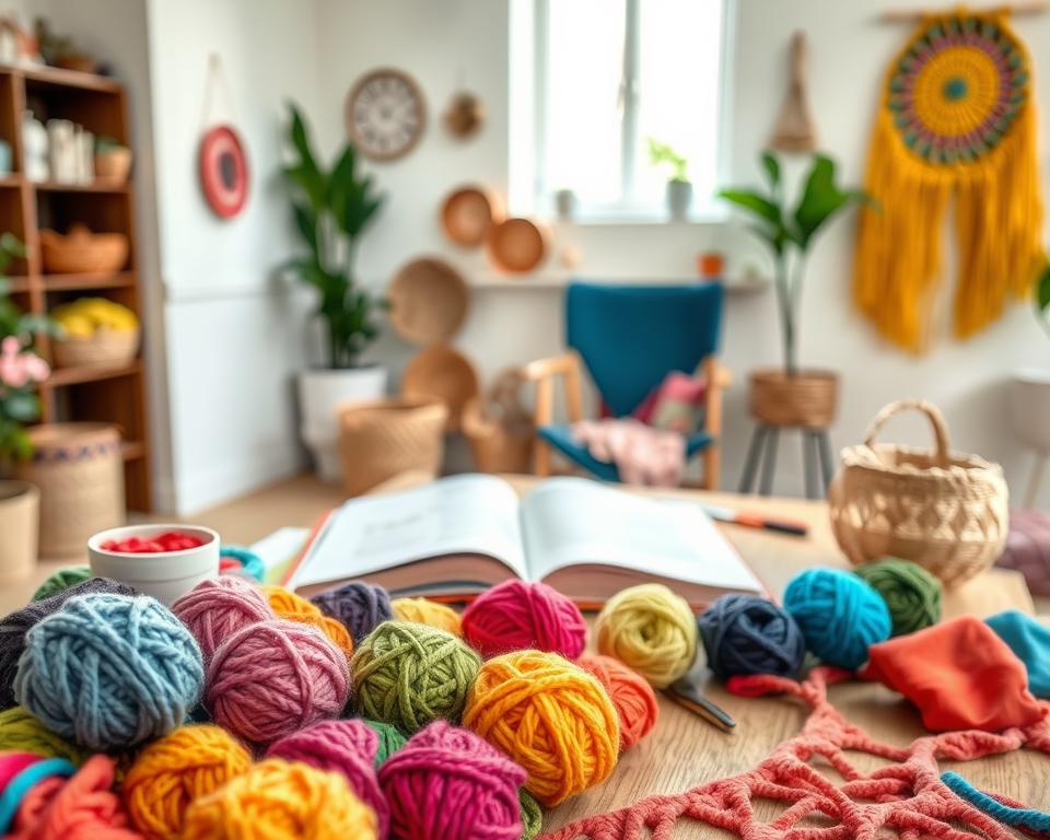 A cozy indoor workspace showcasing a variety of DIY T-shirt yarn crafts, emphasizing creative uses beyond rugs. In the foreground, a colorful assortment of T-shirt yarn balls in vibrant hues, neatly arranged next to woven coasters, decorative baskets, and a vibrant wall hanging made from upcycled fabric. The middle ground features a wooden table with crafting tools, such as scissors and a crochet hook, with an open guidebook on crafting techniques. In the background, a soft, inviting room with natural light streaming in through a window, creating a warm and inspiring atmosphere. The shot captures a focus on texture and creativity, highlighting the potential of T-shirt yarn in everyday home decor. The lighting should be soft and diffuse, evoking a sense of calm and creativity.