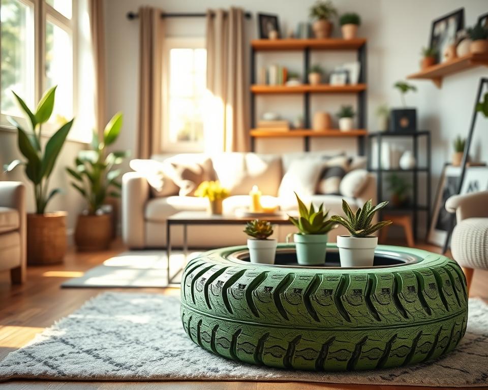 A cozy living room setting featuring an eco-friendly tire ottoman made from repurposed rubber tires. The ottoman, painted in vibrant green hues with natural textures, sits invitingly in the foreground on a soft area rug. In the middle ground, a stylish coffee table with potted plants and sustainable décor elements complements the ottoman. Warm sunlight streams through a nearby window, creating a soft, inviting ambiance that highlights the ottoman's unique design. The background features shelves adorned with eco-friendly books and decorative items, promoting a green lifestyle. The scene evokes a sense of comfort and sustainability, emphasizing the eco-friendly benefits of using repurposed materials in home décor.