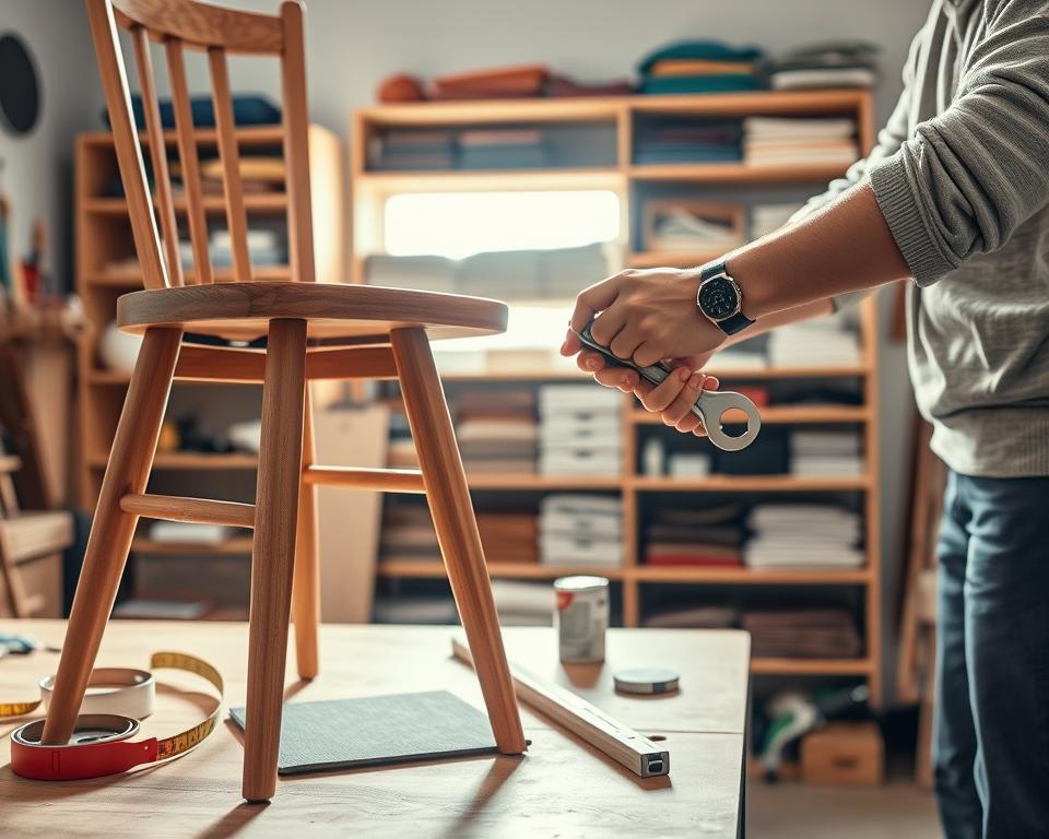 A cozy, well-lit workshop focused on fixing a wobbly chair. In the foreground, a sturdy wooden chair stands on a workbench, its leg slightly raised to showcase an applied furniture pad underneath. Tools like a measuring tape, a level, and a can of adhesive are neatly arranged around the chair. In the middle ground, a pair of hands are skillfully adjusting the chair leg with a wrench, wearing modest casual clothing. The background features a neatly organized shelf filled with various types of furniture pads and repair tools, with soft, diffused morning light streaming in from a window, creating a warm, inviting atmosphere. The image conveys a sense of practicality and DIY spirit, encouraging viewers to engage in home improvement projects.
