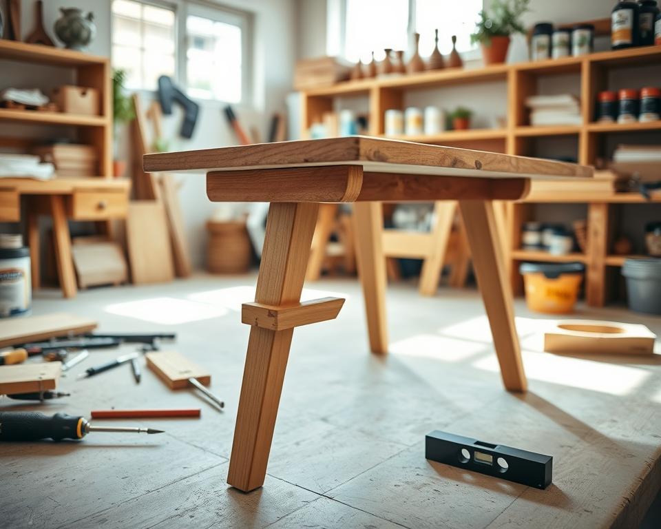 A cozy, well-lit workshop setting featuring a sturdy wooden table with a single wobbly leg, surrounded by various tools like a screwdriver and a level. In the foreground, the table leg is highlighted with a simple, elegant stabilizer clamp attached to it, showcasing preventive measures for furniture stability. The middle ground shows neatly arranged tools and materials for furniture repair, while the background features shelves filled with paint cans, wood varnishes, and a potted plant, creating a warm atmosphere. Soft, natural light streams in through a window, casting gentle shadows that enhance the inviting mood of a DIY project. The camera angle is slightly tilted to focus on the table leg while keeping the workshop's organized chaos in view.