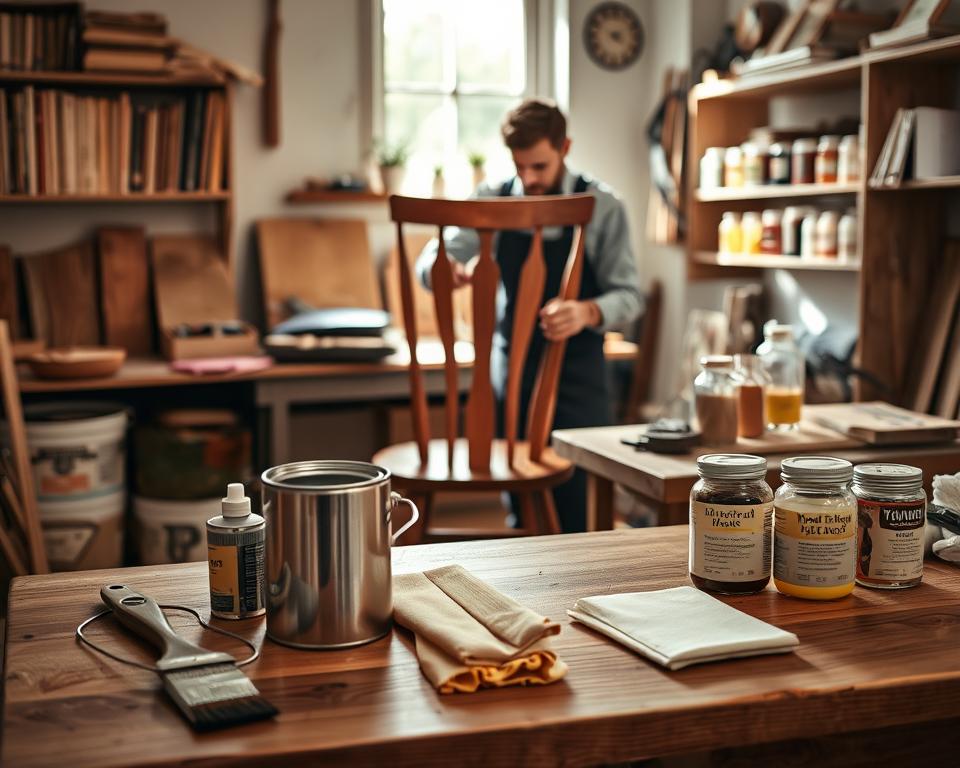 A cozy workshop interior focused on wood finishes maintenance, featuring a wooden workbench in the foreground with various tools neatly arranged, including a paintbrush, a can of varnish, and a cloth for waxing. In the middle ground, a skilled craftsman in professional attire applies a clear varnish to a beautiful, polished wooden chair, showcasing the contrast between the gloss of varnish and the matte texture of wax on a nearby table. The background includes shelves lined with woodworking books and jars of wood conditioning oils. Soft, natural lighting streams in through a window, casting gentle shadows, creating a serene and dedicated atmosphere ideal for woodworking maintenance. The scene captures both varnish and wax finishes, highlighting their maintenance tools effectively and artistically.