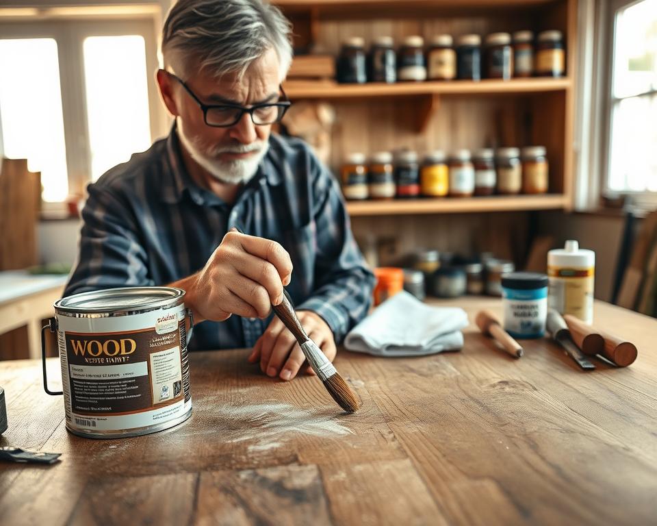 A cozy workshop scene featuring a mid-aged person in modest casual clothing, focused on touch-up work on a wooden table with visible scratches. In the foreground, an open tin of wood paint with a small brush rests next to the person’s hand, expertly applying the paint to a deep scratch on the table's surface. The middle ground showcases a collection of various tools organized neatly: sandpaper, cloths, and wood filler beside the paint can. The background features wooden shelves lined with jars of wood finishes, casting warm light through a nearby window, creating a soft, inviting atmosphere. The composition captures a sense of craftsmanship and attention to detail, emphasizing the DIY aspect of restoring wood furniture. The lighting highlights the natural wood grain and adds a warm, homey feel to the image.