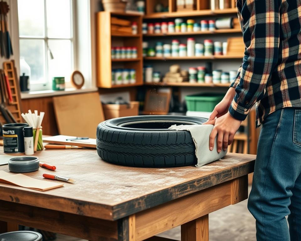 A cozy workshop scene focused on maintaining a DIY tire ottoman. In the foreground, a well-worn wooden workbench displays various tools such as sandpaper, paint, and brushes, alongside an upcycled tire ottoman with a fresh coat of paint. A person in a plaid shirt and jeans is carefully sanding the ottoman, showcasing a commitment to craftsmanship. The middle ground features shelves stocked with paint cans and crafting supplies, adding to the organized chaos of DIY projects. In the background, soft natural light filters through a window, illuminating the dust motes in the air and creating a warm, inviting atmosphere. The environment feels productive and creative, highlighting the satisfaction of personal handiwork.