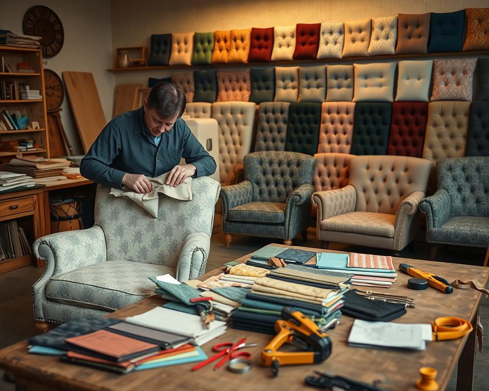 A cozy workshop setting showcasing the art of reupholstering furniture. In the foreground, a skilled craftsperson is focused on peeling away the old upholstery from a vintage armchair, wearing professional attire, showcasing their expertise. The middle-ground displays an array of colorful fabric swatches neatly organized on a table, with essential tools like a staple gun, scissors, and measuring tape scattered around. The background reveals a wall lined with a variety of completed upholstered pieces in different styles and textures. Soft, warm lighting creates an inviting atmosphere, casting gentle shadows that emphasize the intricate details of the workspace. The overall mood should convey a sense of creativity, craftsmanship, and the challenges faced in the reupholstering process.