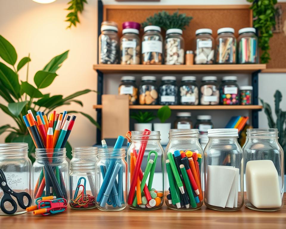 A cozy workspace featuring a variety of DIY glass jar projects for organization. In the foreground, multiple clear glass jars in different sizes, some filled with colorful office supplies like pens, markers, and paper clips, arranged neatly on a wooden desk. The middle section showcases a beautifully organized shelf with more glass jars, each labeled and containing various items such as buttons, sticky notes, and craft materials. In the background, a softly lit room with warm lighting illuminates green plants and a corkboard, enhancing the homely atmosphere. The composition captures the creativity and practicality of repurposing glass jars for workspace organization, encouraging an inspiring and refreshing ambiance. The lens captures this scene from a slightly elevated angle, creating depth and inviting the viewer into this organized space.